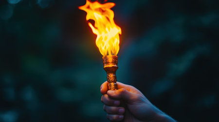A hand holds a brightly burning torch, illuminating the dark surroundings, symbolizing adventure, light in darkness, and the spirit of exploration. Perfect for highlighting courage or tradition.の素材