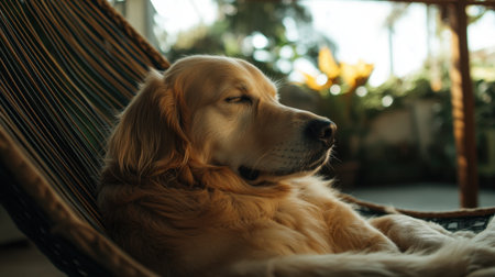 A serene golden retriever peacefully resting indoors, surrounded by lush plants, captures a warm and tranquil atmosphere, perfect for showcasing the beauty of pet companionship.の素材