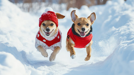 Two lively dogs joyfully race through a snow-covered landscape, dressed in adorable winter outfits, embodying the spirit of play and companionship in a winter wonderland.の素材