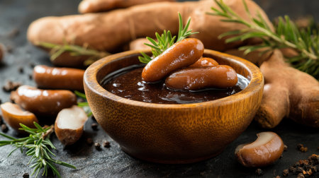 A beautifully arranged wooden bowl filled with rich sauce, enhanced by fresh ingredients, set against a rustic background, perfect for culinary presentations and enticing food photography.の素材
