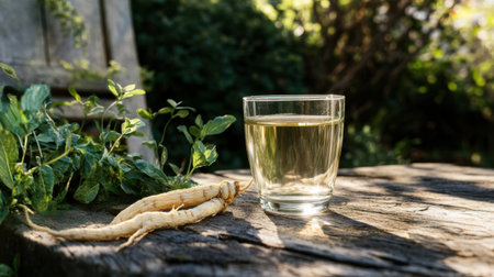 A glass of herbal drink with ginseng root on a rustic wooden table, surrounded by lush greenery, showcasing the soothing essence of nature and wellness in a tranquil outdoor setting.の素材