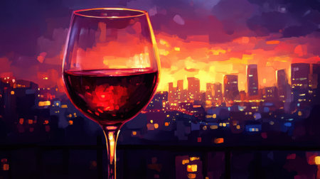 A captivating image of a glass of red wine set against a stunning sunset cityscape, blending colors and lights for a relaxing, urban evening atmosphere.の素材