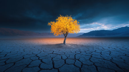 A solitary tree with bright yellow leaves stands alone on a cracked landscape, showcasing nature's strength against a dramatic sky. An inspiring view of resilience and beauty.の素材