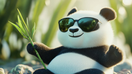 A cheerful panda in sunglasses enjoys a sunny outdoor moment, holding bamboo and exuding playful energy. Perfect for conveying joy and relaxation in nature.の素材