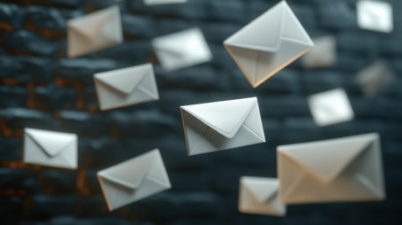A captivating scene of white envelopes suspended in mid-air against a brick wall, illustrating modern concepts of communication and digital messaging for various creative projects.の素材