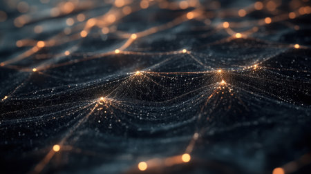 This stunning abstract image features a wave-like pattern with glowing lights, creating an ethereal and dynamic digital landscape that captures the essence of modern technology.の素材