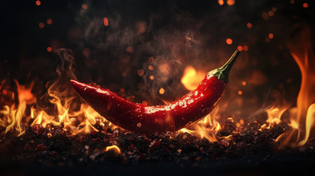 A striking image of a red chili pepper set against a backdrop of vibrant flames and billowing smoke, emphasizing the heat and flavor profile of this popular culinary ingredient.の素材
