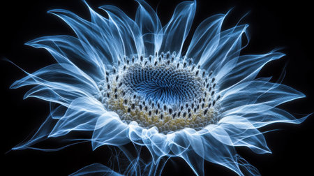 This digital artwork features a stunning blue-lit flower against a dark backdrop, showcasing exquisite details and an enchanting, ethereal quality that captivates the viewer.の素材