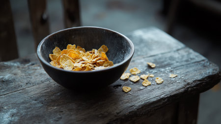 A charming rustic scene featuring a bowl of crispy cornflakes on a weathered wooden table, perfect for evoking feelings of comfort and simplicity in breakfast moments.の素材