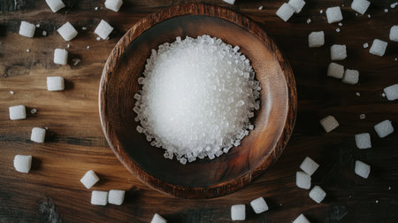 A beautiful arrangement of white sugar granules sits in a wooden bowl with surrounding sugar cubes, ideal for food photography, recipes, and culinary themes.の素材