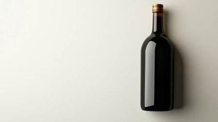 This image features a striking black wine bottle placed on a minimalist surface, ideal for advertising, branding, or showcasing designs within the beverage industry.の素材