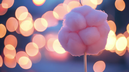 A visually stunning image of soft pink cotton candy on a stick, set against a backdrop of warm bokeh lights, evoking a festive and carefree atmosphere perfect for celebrations.の素材