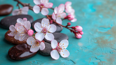 A beautiful arrangement of delicate cherry blossoms rests on smooth stones against a turquoise background, evoking tranquility and a sense of calm for wellness and relaxation themes.の素材