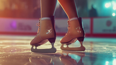 A stunning close-up of ice skates resting on a bright rink, capturing the elegance of winter sports with reflective surfaces and vibrant lighting effects, showcasing athletic beauty.の素材