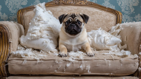 A delightful pug lounges on a messy vintage couch, surrounded by torn pillows, capturing the playful spirit of pets in a cozy, lived-in home atmosphere.の素材