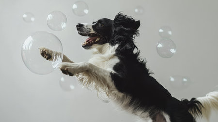 A lively dog joyfully leaps towards floating bubbles, capturing the essence of playful energy and companionship in a bright studio environment. Perfect for pet lovers!の素材
