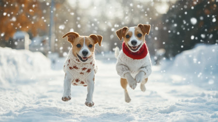 Two joyful dogs in cozy sweaters leap through a snowy landscape, creating a heartwarming scene filled with playfulness and the spirit of winter adventures.の素材