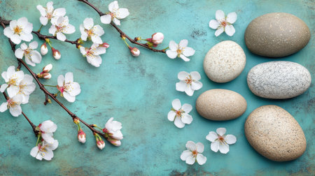 Beautiful cherry blossoms gracefully arranged beside smooth stones on a textured aqua background, creating a serene and harmonious natural composition ideal for design projects.の素材