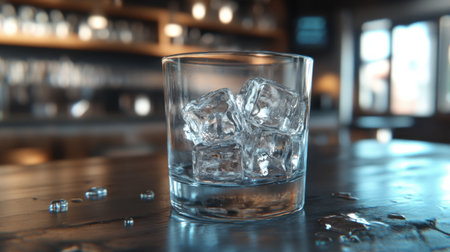 A close-up image depicting a glass filled with ice cubes, placed on a wooden table in a relaxed bar environment, perfect for showcasing refreshing drink ideas.の素材