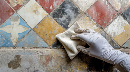 A close-up view of a hand in a glove cleaning a vintage mosaic tile surface with a soft cloth, emphasizing the importance of maintaining historical flooring and showcasing vibrant colors.の素材
