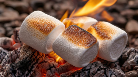 Three perfectly toasted marshmallows sit over an open flame, their golden-brown surfaces promising delicious sweetness perfect for summer gatherings and outdoor fun.の素材