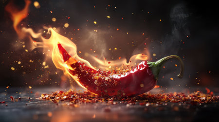 A dramatic fiery scene showcasing a red chili pepper engulfed in flames and surrounded by spice particles, perfect for capturing the essence of heat and flavor in culinary art.の素材