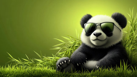 A cheerful cartoon panda wearing stylish sunglasses lounges in a lush bamboo forest, creating a playful and serene atmosphere perfect for designs, marketing, or children's media.の素材