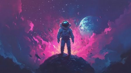 An otherworldly scene portrays an astronaut on a rocky surface, surrounded by a colorful nebula and planets, capturing the essence of space exploration and artistic imagination.の素材