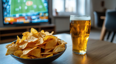 A vibrant scene featuring a glass of golden beer next to a bowl of crunchy chips, capturing the essence of game day enjoyment and social gatherings with friends.の素材