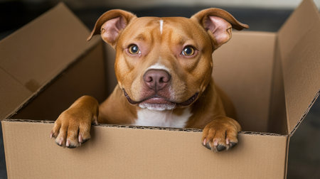 A cute brown and white dog peeks from a cardboard box, exuding charm and playfulness. This engaging pet portrait captures the warmth of companionship and joy.の素材