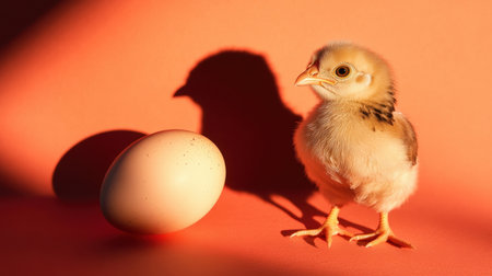 A delightful image of a fluffy chick standing next to an egg on a warm background, showcasing the beauty of new life and the charm of nature in soft lighting.の素材