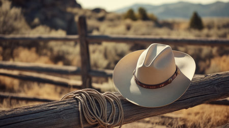 A classic western hat rests on a rustic wooden fence, accentuating the tranquil desert scene with soft sunlight, coiled rope, and rolling mountains in the background.の素材