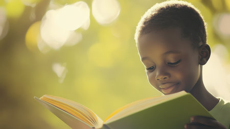 A young boy enjoys reading a green book outdoors, surrounded by soft natural light and a serene atmosphere, embodying joy and curiosity in a peaceful moment of learning.の素材