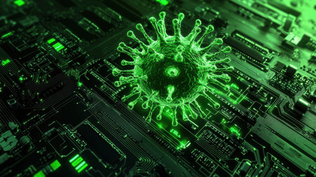 A captivating digital artwork illustrating a virus superimposed on a circuit board, highlighting the intersection of technology and biological threats in a futuristic green aesthetic.の素材