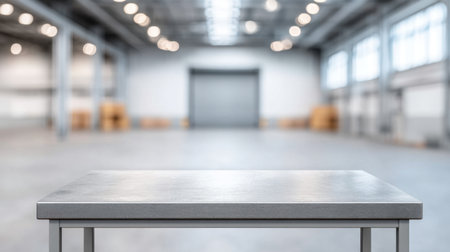 A minimalistic metal table positioned in front of open warehouse doors, showcasing a spacious industrial environment with natural lighting enhancing the modern aesthetic.の素材