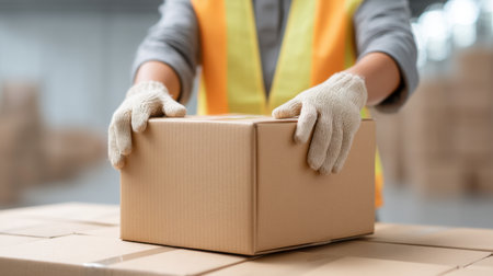 A focused worker in a warehouse carefully seals cartons, highlighting hands in action. The scene reflects logistics, safety, and the packing process in action.の素材
