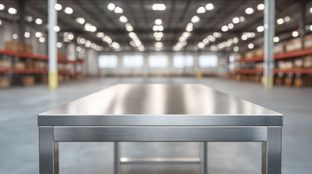 A sleek, empty metal table is positioned in the center of a spacious warehouse, illuminated by soft lighting, showcasing a clean and modern industrial environment.の素材