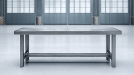 A sleek metal table centered in front of large open warehouse doors, showcasing a modern industrial design with ample natural light streaming in.の素材