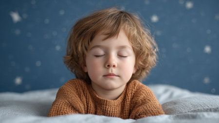 A serene image of a little boy peacefully sleeping in a cozy bed under a dreamy night sky, evoking warmth and tranquility in a soft and gentle atmosphere.の素材