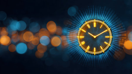 Experience a stunning abstract design featuring a glowing clock on a tech-inspired background. This image captures the essence of modern time management in a vibrant, artistic manner.の素材