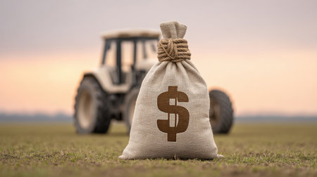 A farmer grips a dollar symbol bag while standing in fields with a tractor working in the background, showcasing the intersection of agriculture and financial success during sunset.の素材