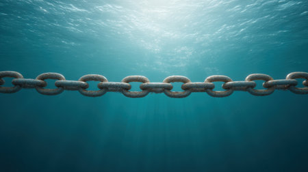 This stunning underwater scene captures a chain suspended in the sea, adorned by shimmering light reflections that create a beautiful topaz hue in the water's depth.の素材