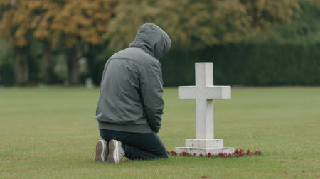 A somber scene depicting a man kneeling in front of a white cross grave in a tranquil cemetery setting, expressing deep emotions of grief and remembrance for a lost loved one.の素材