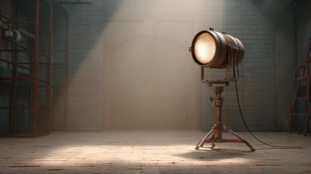 A vintage spotlight stands in an empty film studio, casting warm light and intricate shadows on the floor, creating a dramatic and atmospheric scene ideal for visual storytelling.の素材