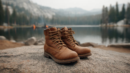 A pair of stylish leather boots rests on a rocky surface beside a calm lake, offering a perfect outdoor getaway ambiance with mountains in the background and a warm campfire glow.の素材