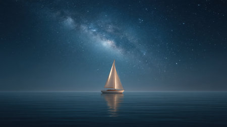 Experience the peace of a sailboat gently drifting on calm waters under a breathtaking starry night sky, with the Milky Way illuminating the tranquil sea.の素材