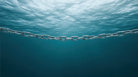 Discover a stunning underwater view showcasing a chain glimmering beneath the surface. Soft light reflections create a tranquil and serene atmosphere in deep blue waters.の素材