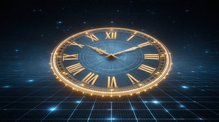 Experience the elegance of this abstract glowing clock set against a high-tech grid background, symbolizing the essence of time in a futuristic design.の素材