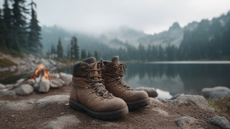 Enjoy the serene beauty of nature with a pair of cozy hiking boots resting on the ground by a crackling campfire, reflecting in the calm lake nearby.の素材