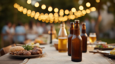 Enjoy a delightful outdoor dinner party featuring string lights, beer bottles, and an array of delicious food, creating a warm ambiance for social gatherings.の素材